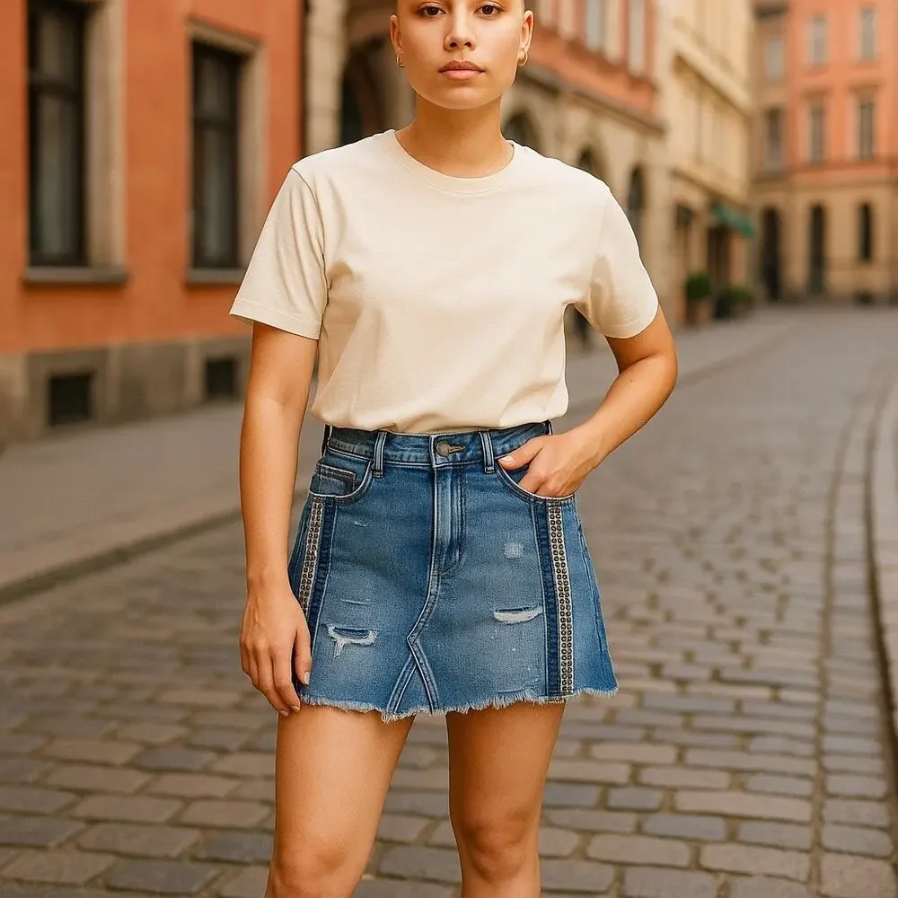 Free People Denim Mini Skirt Beaded Embellished Size 0 Raw Hem - Picture 4 of 9